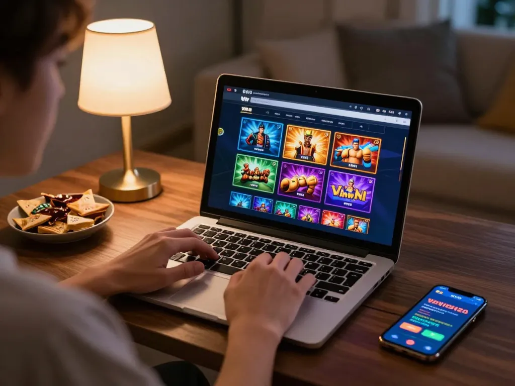 Player enjoying vipwin online casino gaming on laptop in a cozy, stylish home environment