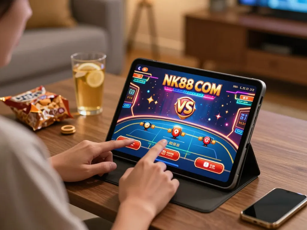 Engage in thrilling gameplay at NK88 COM with a tablet in a cozy home setting.