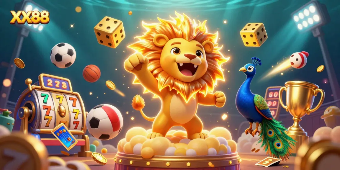 Win big with XX88's vibrant 3D casino-themed illustration highlighting slots and more.