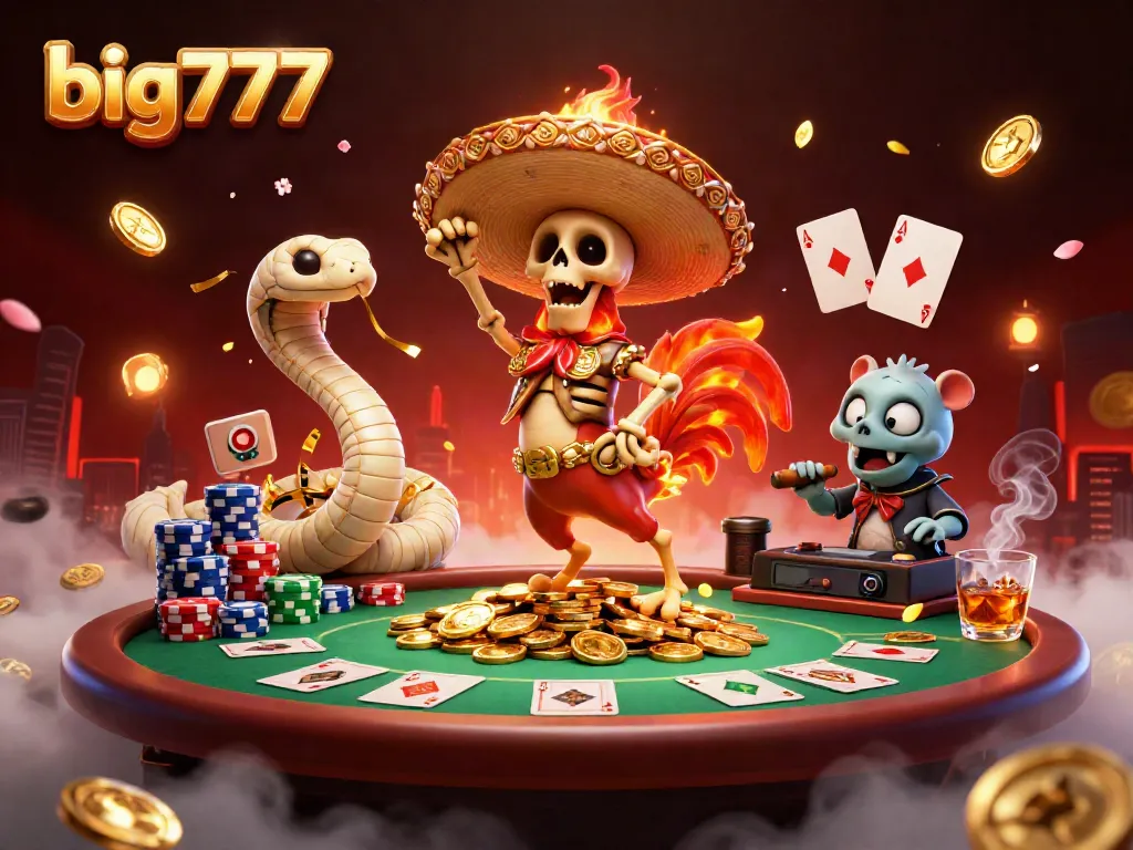 Celebrate wins with big777 in a vibrant casino scene filled with colorful characters and game elements.