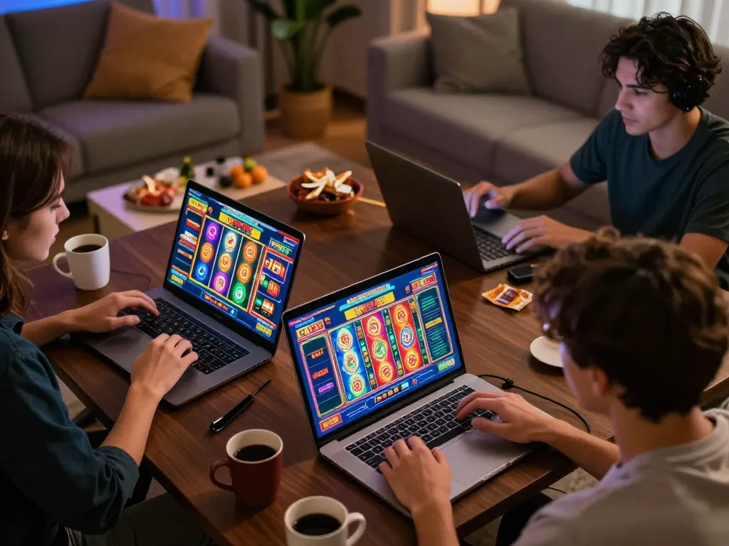 Pemain berinteraksi dengan slot online di okebet99, menampilkan suasana kasino rumah yang hidup
