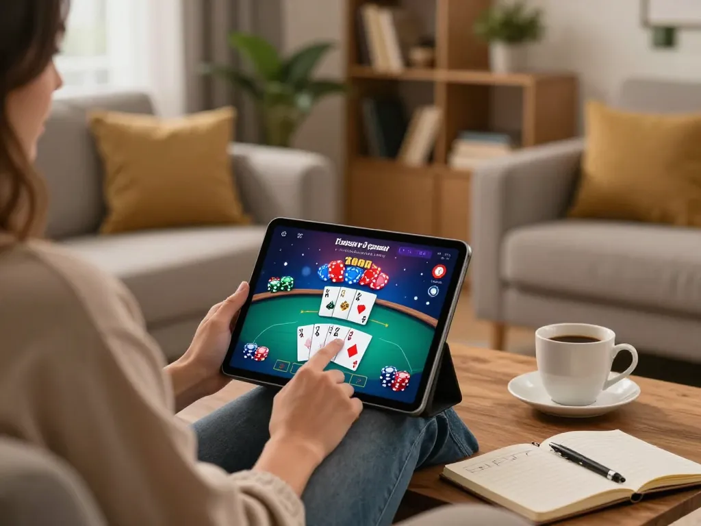 Engaging in online gaming at F8BET on a tablet with strategic notes and a cozy atmosphere.