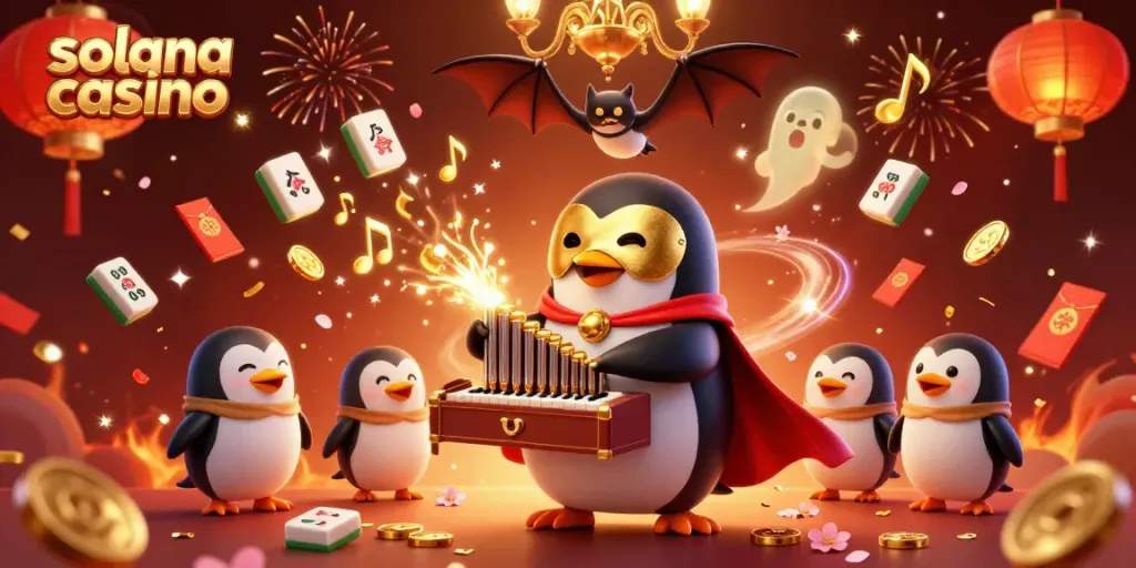Experience the excitement of solana casino with a playful penguin and golden festivities.