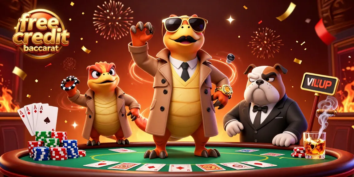 Engage in thrilling free credit baccarat action with three cartoon raptors in a trench coat at a vibrant casino.