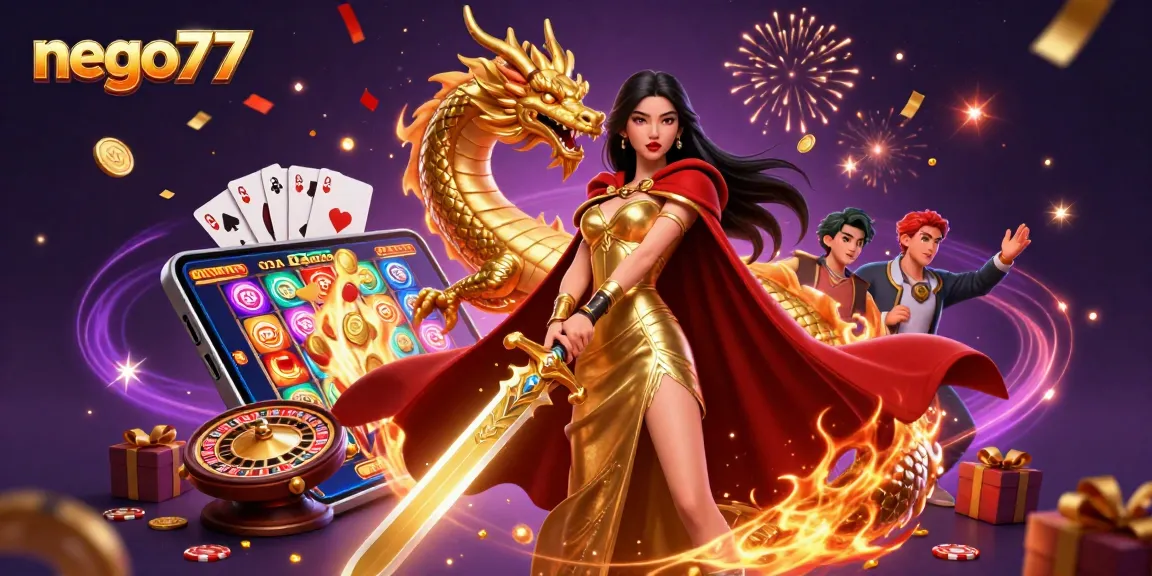 Experience the excitement of gambling with nego77 featuring a queen and golden dragon in an epic casino scene.