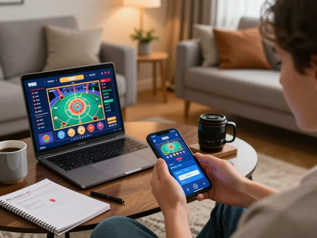 Person enjoying the 99Win app on smartphone in a cozy home setup while managing bankroll.