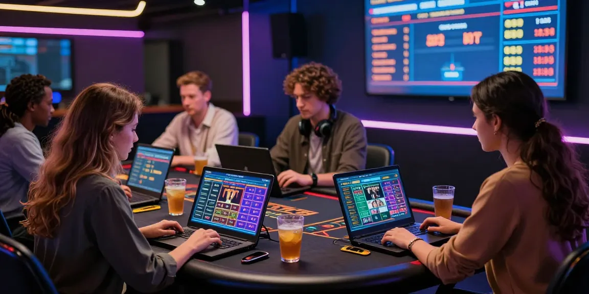 Dynamic group engaged in pajaktoto alternatif betting at a sleek gaming table, showcasing vibrant game graphics and an immersive atmosphere.