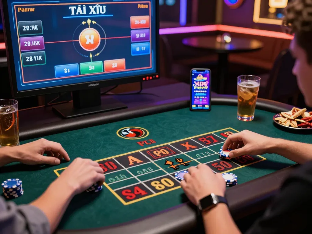 Players placing bets in an online casino game go88 tài xỉu, showcasing excitement and digital interface