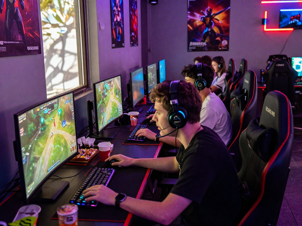 Engaged gamers enjoying a fair play multiplayer session in a vibrant gaming setup.