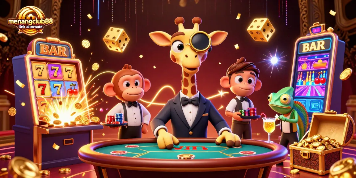 Engage with the winning strategies at menangclub88 link alternatif through vibrant casino-themed illustration showcasing unique characters.