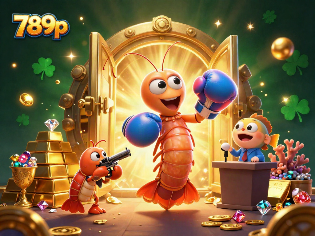 Engage in the vibrant 789p casino gaming scene with 3D characters amidst golden treasures and sparkling gems.
