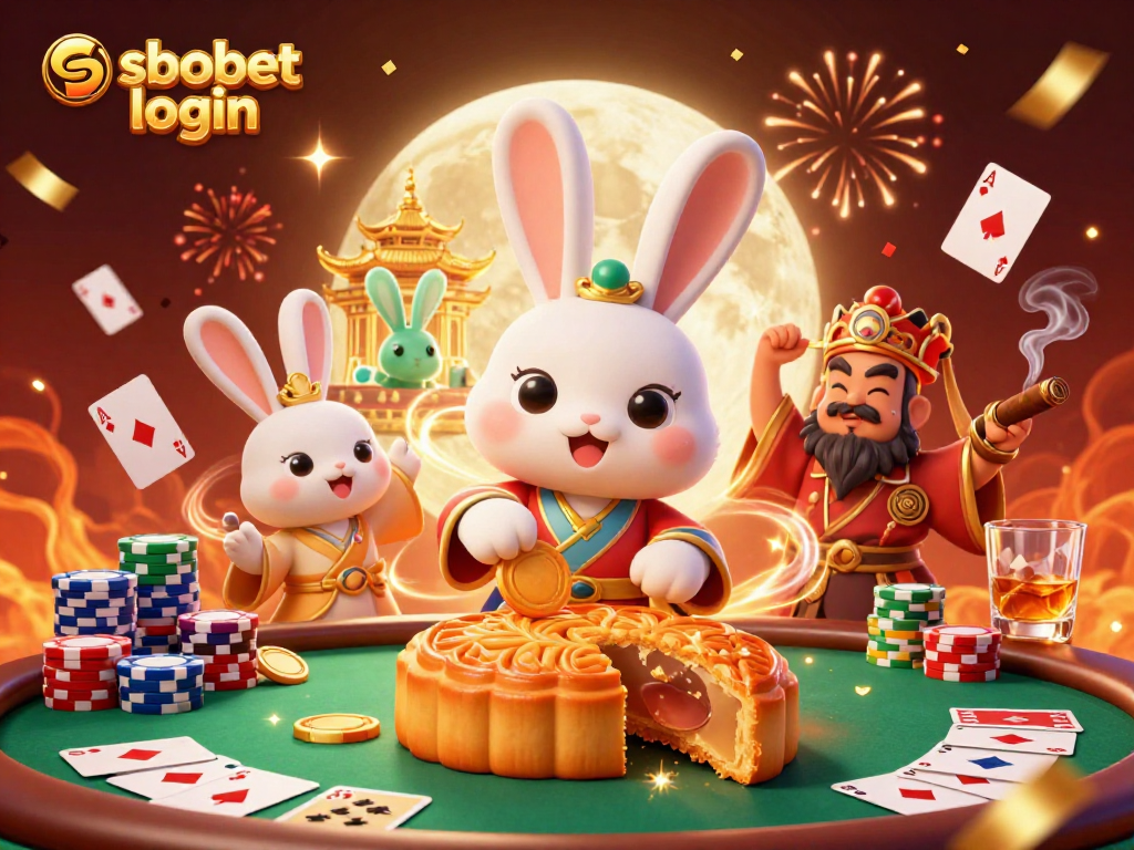 Experience sbobet login with the moon rabbit, poker chips, and golden palace in a festive casino scene.
