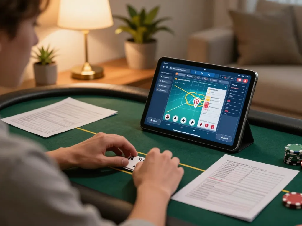 Player strategizing on Luck8 poker app while managing bankroll in a cozy home setting.