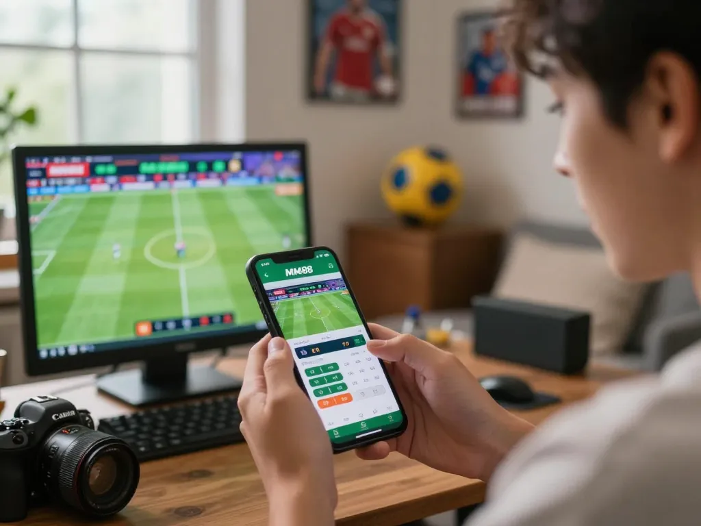 Engage in strategic sports betting with MM88 app showing live updates in a cozy living room.