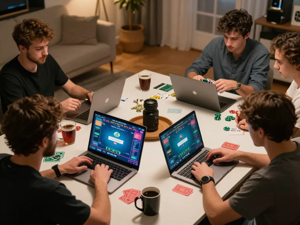 Engaging in strategic online poker games on king33, players focus on their laptops at home.