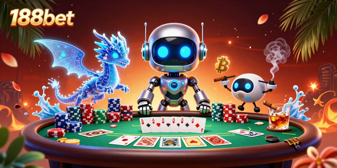 Engage in the excitement of 188bet with a vibrant 3D gaming scene showcasing poker action and crypto elements.