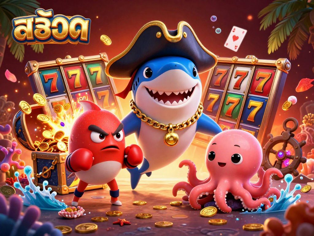 Spin the slots with excitement as a shark, pufferfish, and octopus celebrate wins with gold coins.