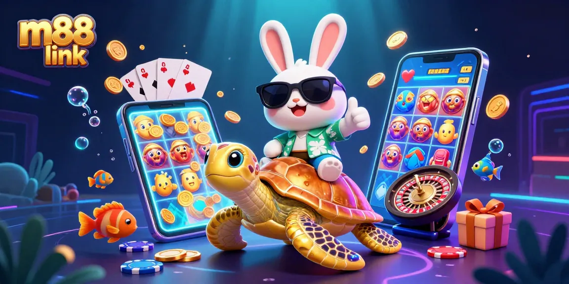 Experience the thrill of winning with m88 link, as a lucky rabbit celebrates on a golden turtle surrounded by vibrant casino elements.