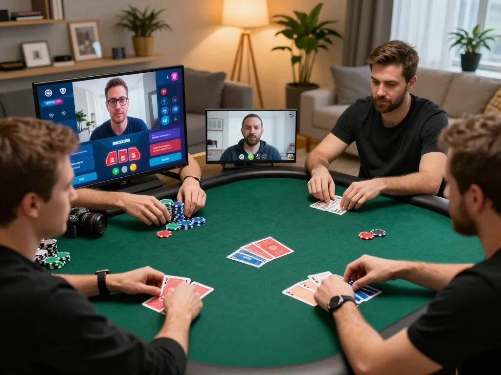 Pemain terlibat dalam permainan poker online di BIOSKOP69, menunjukkan strategi dan kegembiraan dalam suasana rumah.