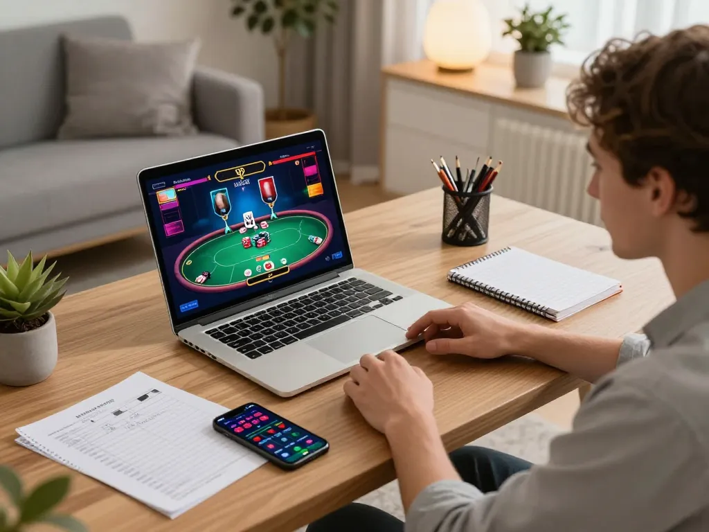 Engaging in online poker at trang chủ uu88 on a stylish laptop within a cozy home office.