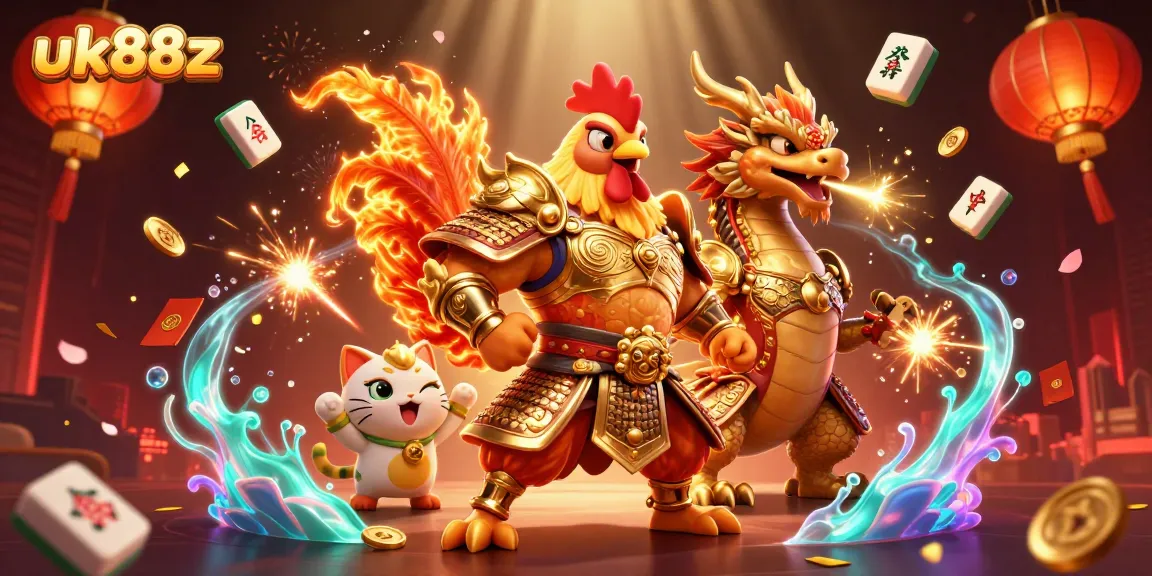 uk88z showcases a dynamic 3D rooster warrior and dragon in an engaging casino scene.