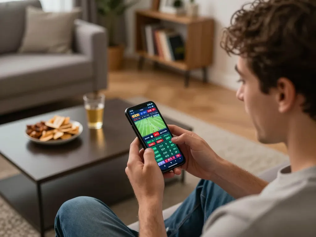 Engaging in sports betting on smartphone with KP88 app interface, showcasing vibrant odds and match updates.