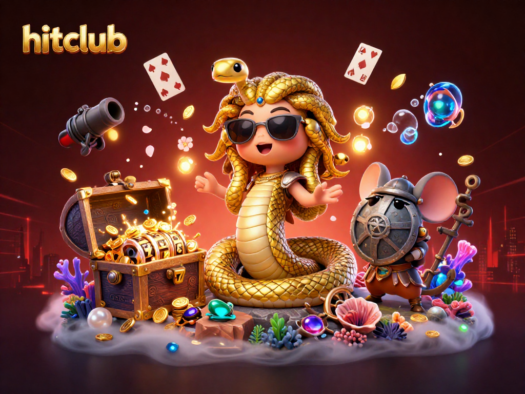Experience the thrill of the hitclub scene with Medusa and golden treasures in this vibrant casino illustration.