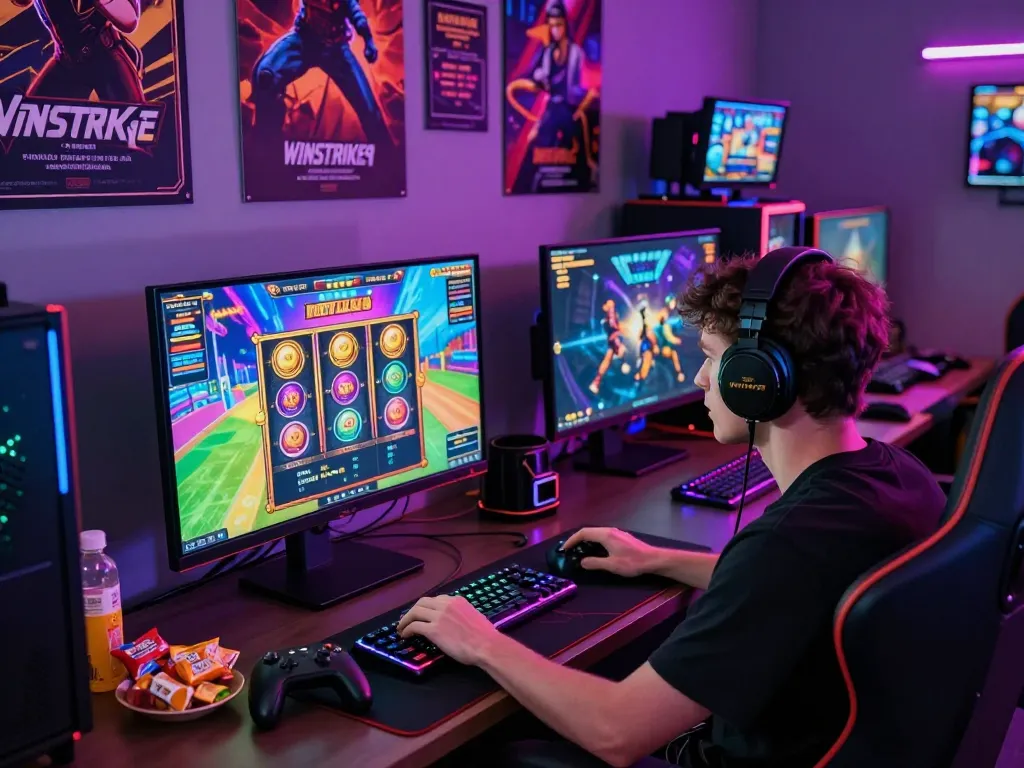 Engaging atmosphere of Winstrike69 gaming setup showcasing vibrant slot graphics and accessories.