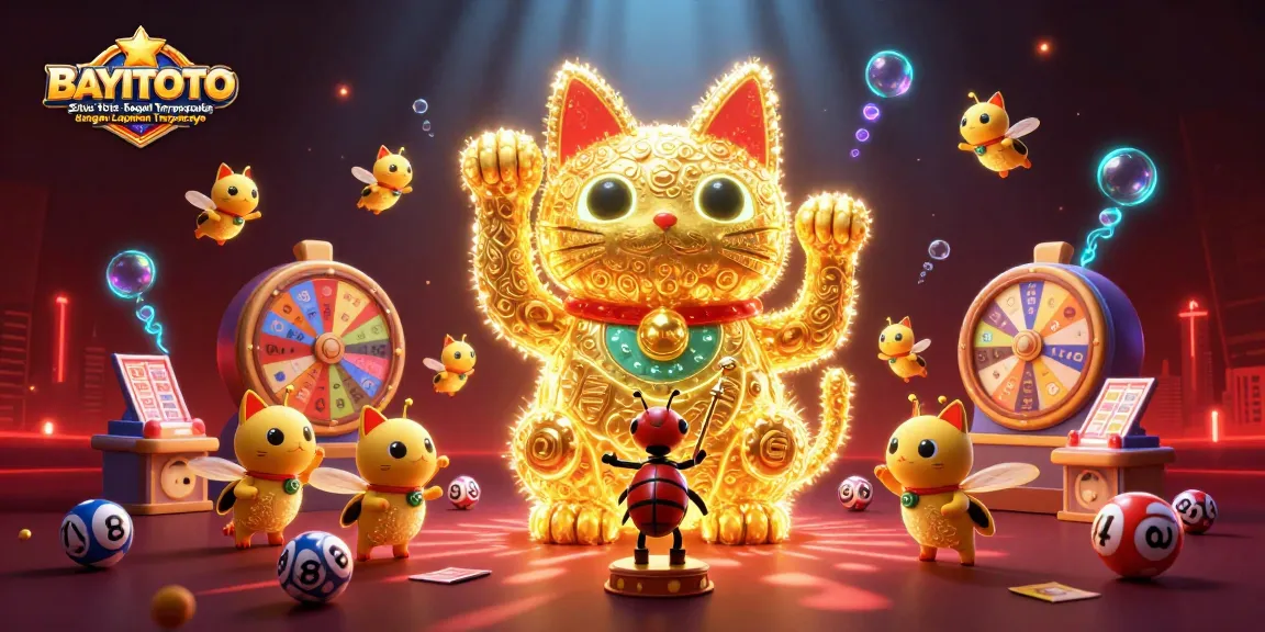 BAYITOTO Situs Toto Togel Terpopuler dengan Layanan Terpercaya showcases an engaging lottery scene featuring a mesmerizing lucky cat and vibrant symbols.