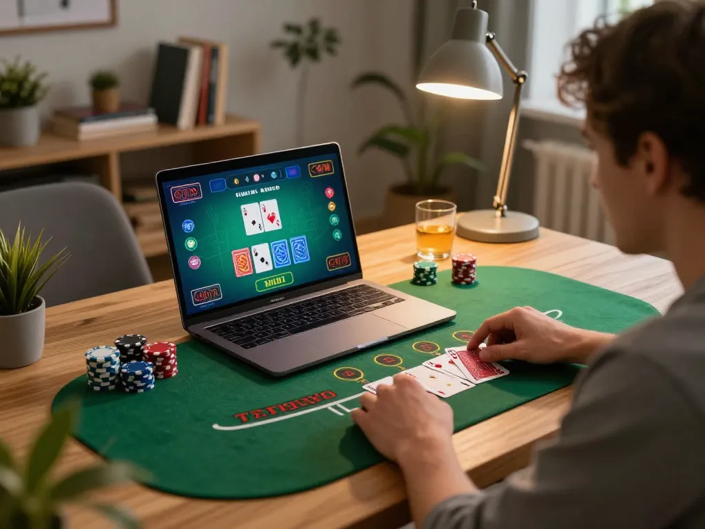 Person engaging in strategic online blackjack playing on OKFUN platform.
