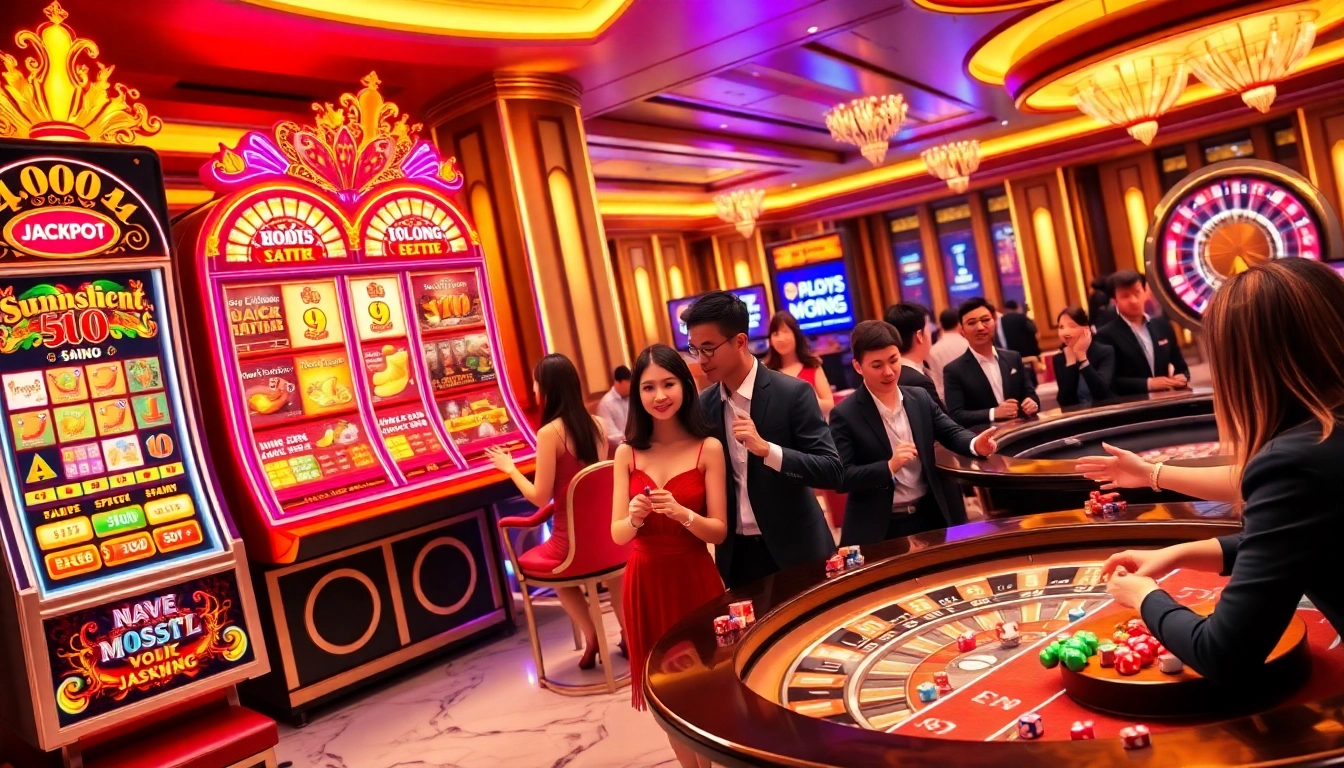 Nổ Hũ Đổi Thưởng players joyfully spinning slot machines in a luxurious casino atmosphere.