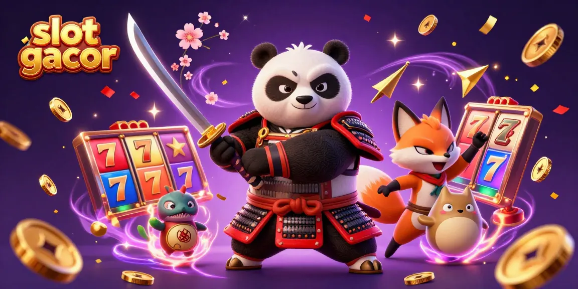Experience thrills with slot gacor symbols in a vivid 3D casino scene of a samurai panda and ninja fox.