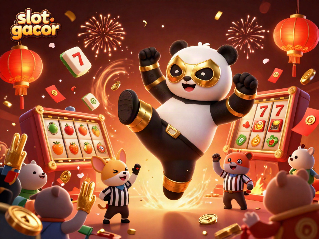 Pemain slot gacor bersenang-senang dengan panda petarung dan penonton hewan mengangkat tangan mereka dengan jari busa emas.