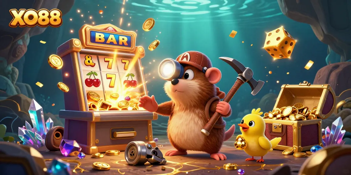 Experience thrilling slot action with XO88 as a mole and canary uncover treasures in a vibrant casino scene.