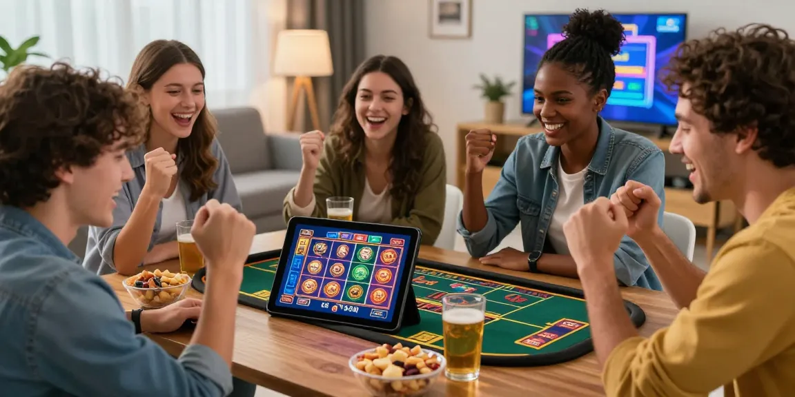 Enjoying new online casinos in the UK with friends around a tablet.