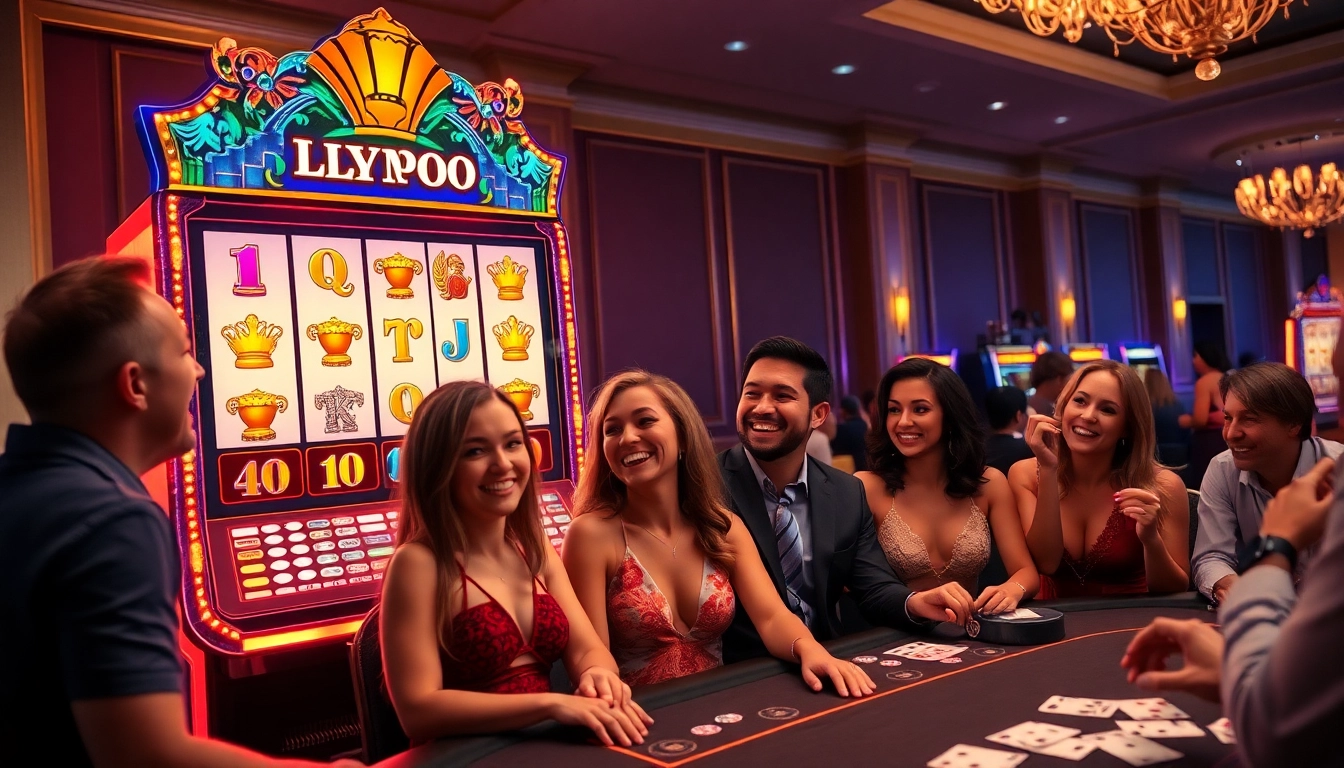 Players celebrating a win while playing the Olympus 1000 slot machine in a vibrant casino setting.