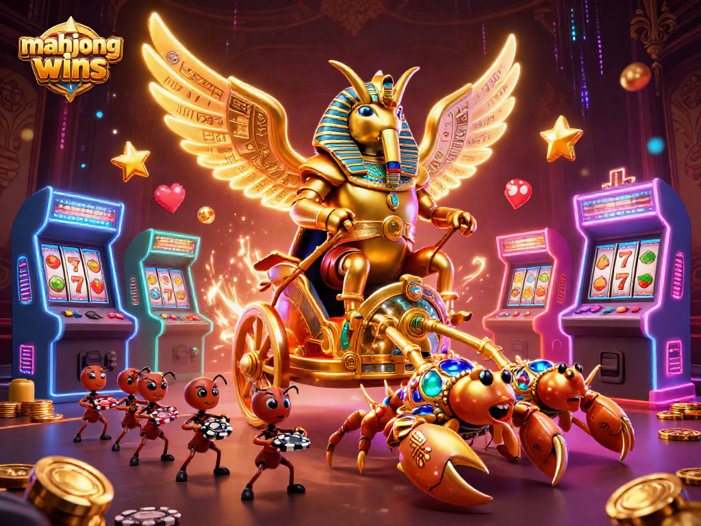 Experience mahjong wins with vibrant casino elements, featuring a golden scarab and jewel-encrusted scorpions in action.