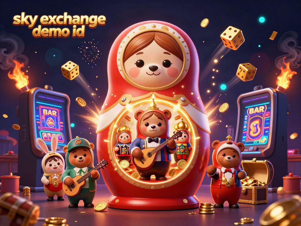 Experience gambling excitement with sky exchange demo id in a vibrant, colorful 3D scene featuring cartoon characters and casino elements.