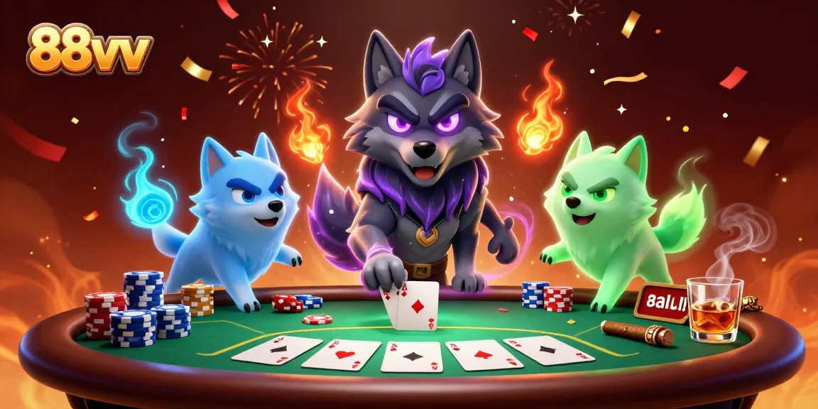 Engage with 88vv at a vibrant poker illustration showcasing a wolf leader amidst 3D casino elements.