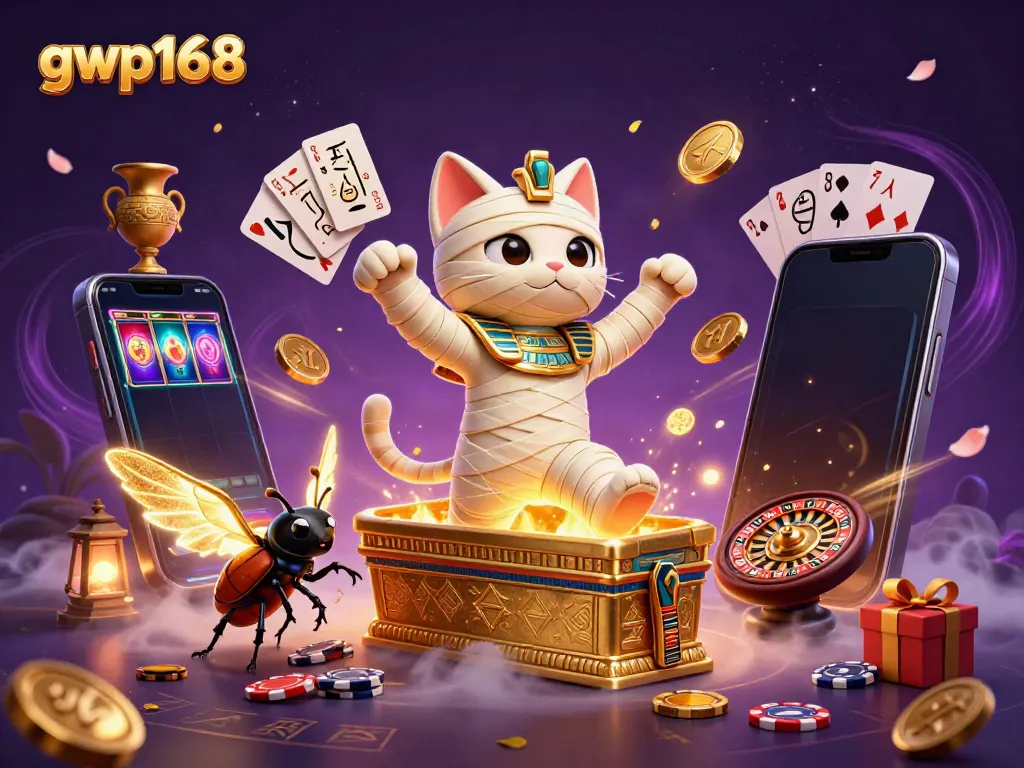 Gambarkan gwp168 saat kucing mummy keluar dari peti mati emas dalam kasino piramida.