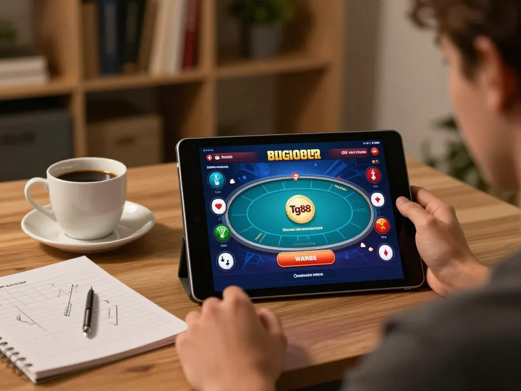 Engaging in online gaming at home, exploring strategies with the Tg88 link on display, showcasing responsible gambling.