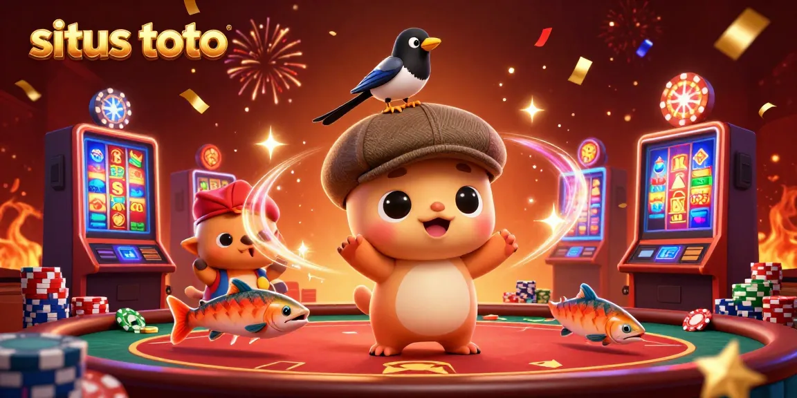 Rasakan permainan yang mengasyikkan dengan situs toto, menampilkan gulungan slot yang cerah dan elemen kasino dalam adegan yang dinamis.