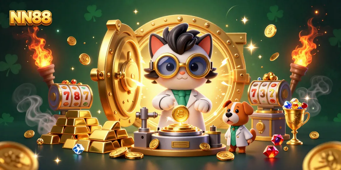 Experience thrilling gameplay at NN88 with a dynamic scene featuring a cartoon mad scientist and rewarding gold treasures.