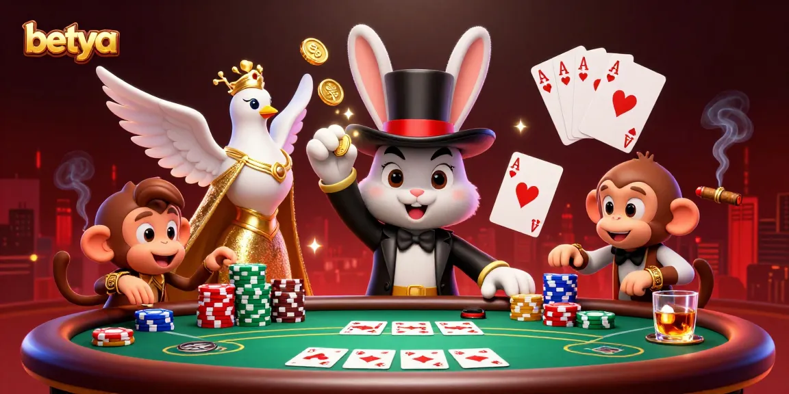 Experience the magic of betya with a captivating scene of a rabbit magician, coins, and poker antics.