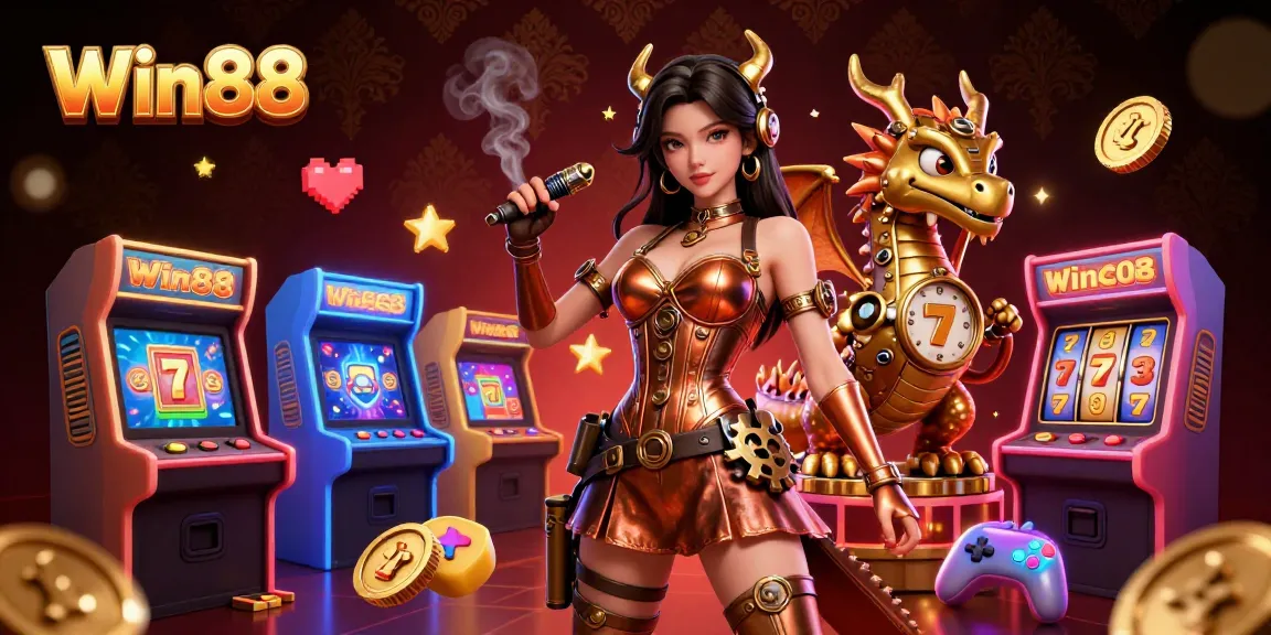 Engage with Win88's thrilling slot experience showcased in a captivating 3D illustration featuring vibrant characters and game elements.