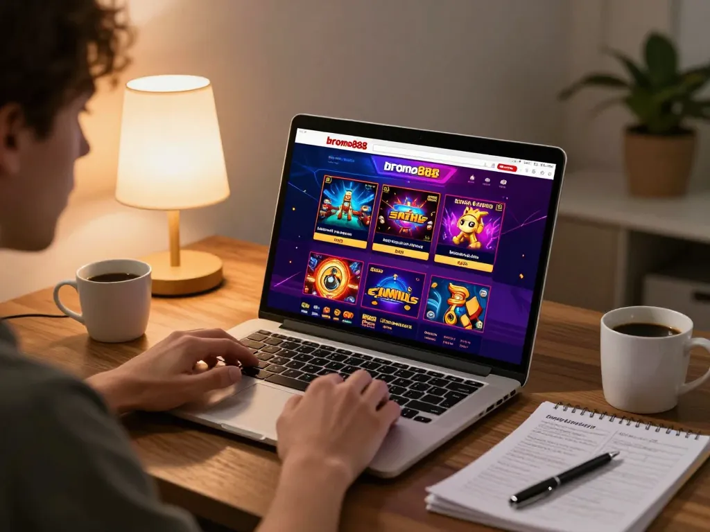 bromo888 player enjoying online gambling at home using a laptop