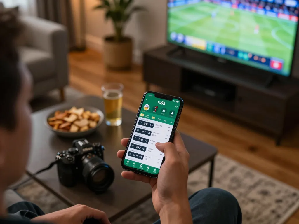 Engaging scene of a player using tg88 app for live sports betting, showing smartphone screen and relaxed atmosphere.