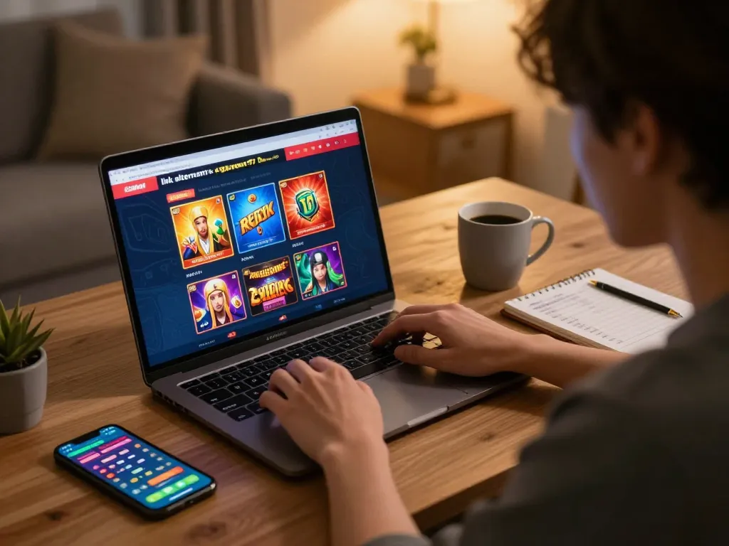 Engaging online gaming scene with link alternatif ggdewa777 displayed on a laptop while strategizing for casino success.