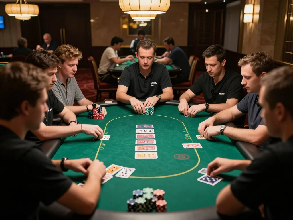 Players strategizing at an open88 poker table in an upscale casino, capturing competitive gameplay.