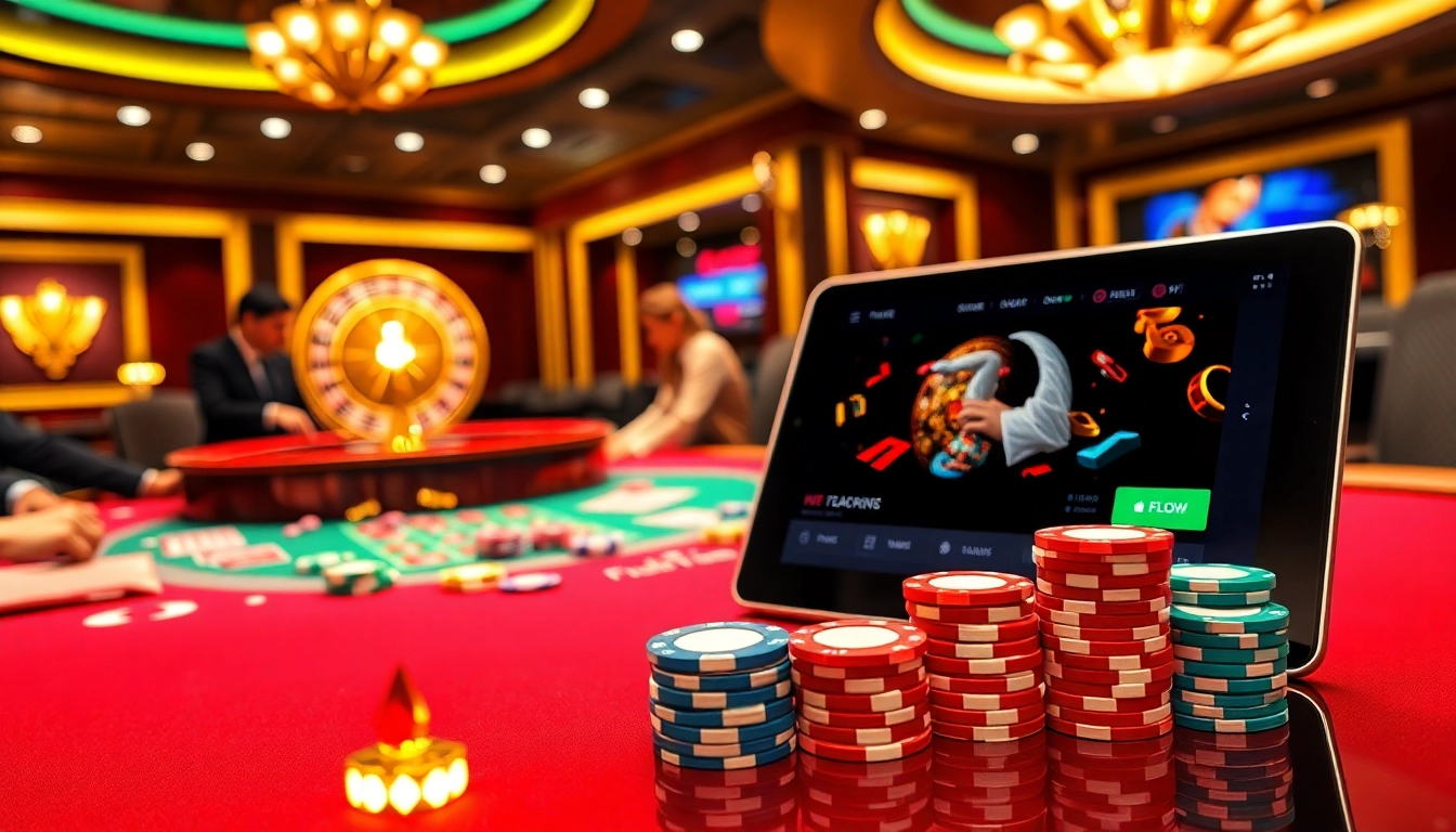 The excitement of gambling at https://fnew88.com/ with a lively poker game and vibrant casino elements.